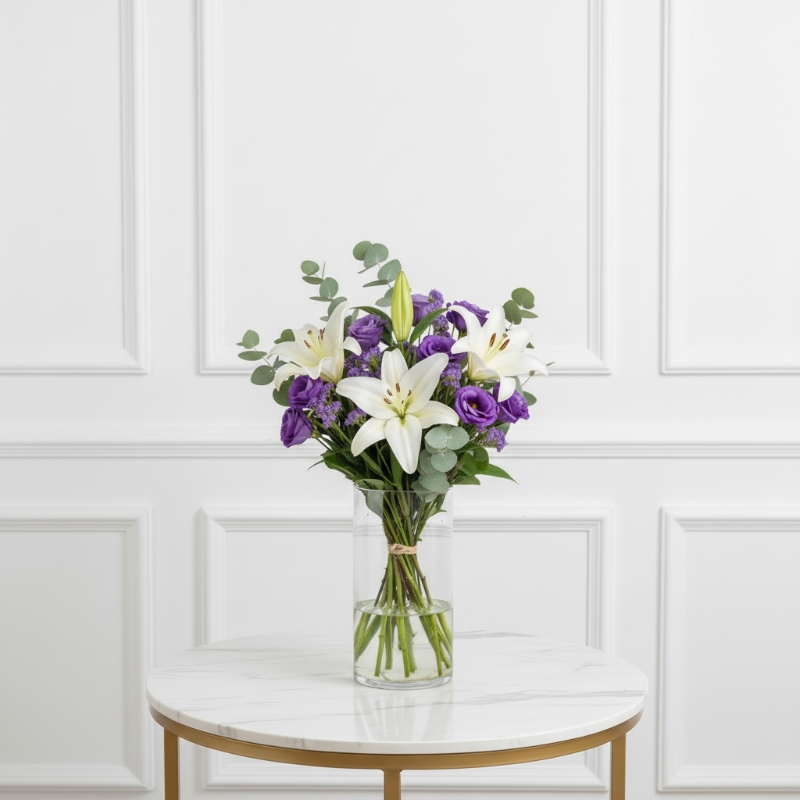White Lilies & Purple Lisianthus