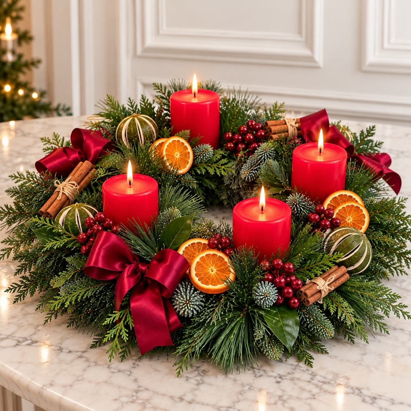 Fresh pine Advent table wreath with four red candles, dried orange slices, cinnamon sticks and red ribbon bows