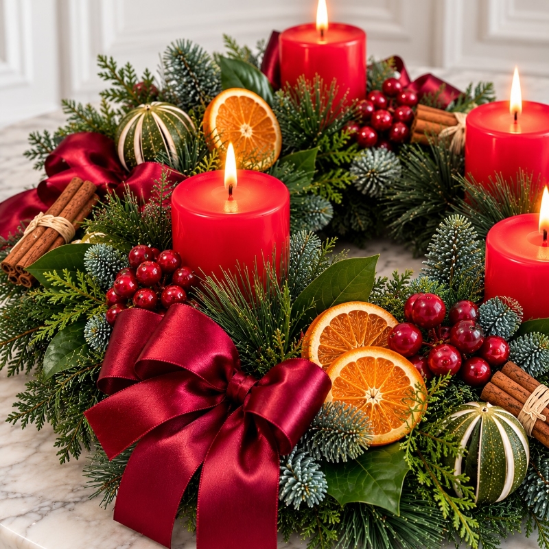 Fresh pine Advent table wreath with four red candles, dried orange slices, cinnamon sticks and red ribbon bows