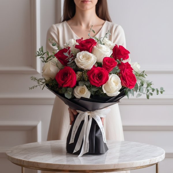 20 Red and White Roses Bouquet