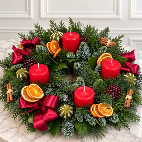 Fresh pine Advent table wreath with four red candles, dried orange slices, cinnamon sticks and red ribbon bows