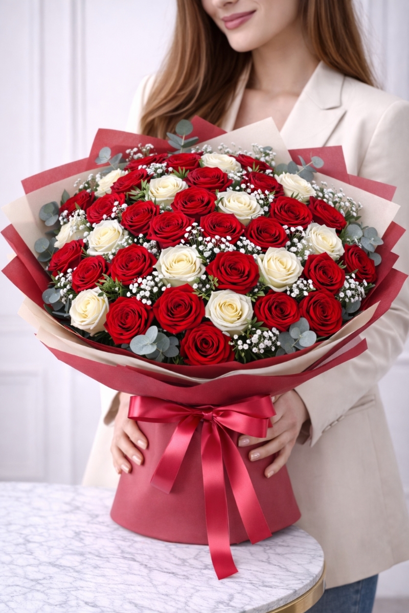 Forever Together – 50 Red & White Roses Luxury Bouquet