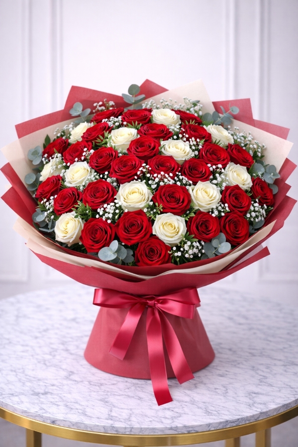 Forever Together – 50 Red & White Roses Luxury Bouquet