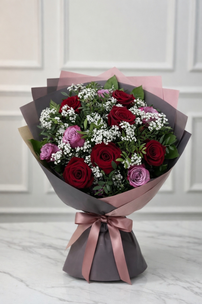 Luxury Red & Blush Rose Hand Tied Bouquet