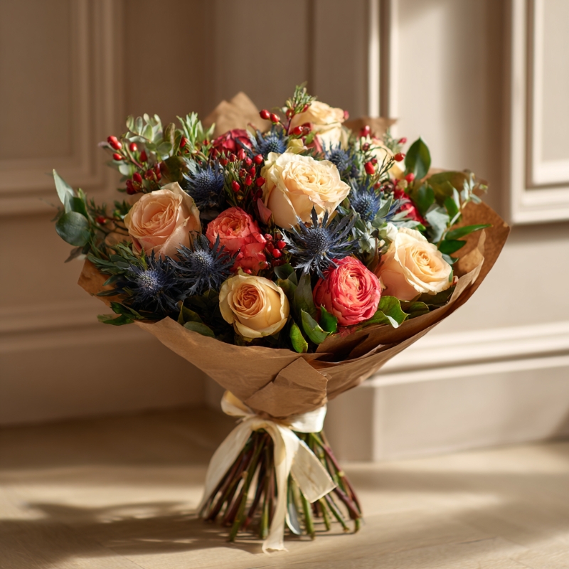 Peach Rose & Blue Thistle Hand Tied Bouquet