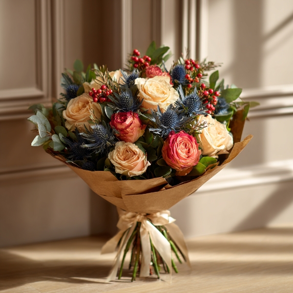 Peach Rose & Blue Thistle Hand Tied Bouquet