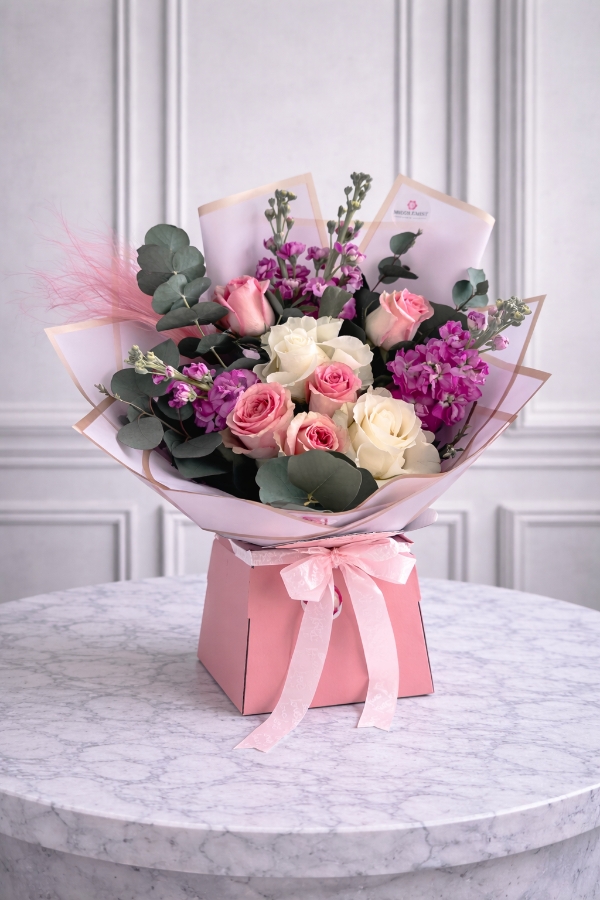 Pink Rose & Stock Gift Box Bouquet