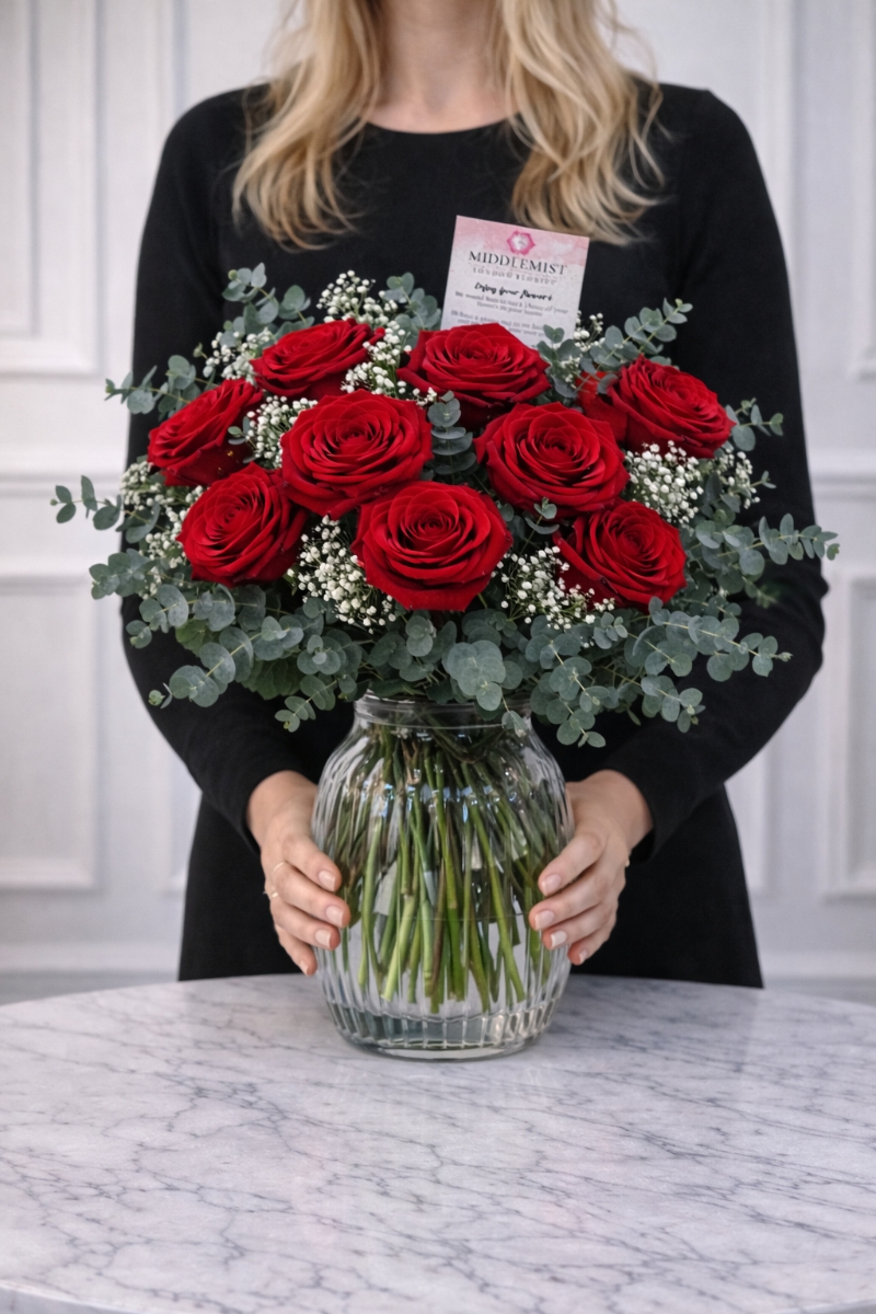Timeless Romance – Dozen Red Roses Vase Arrangement