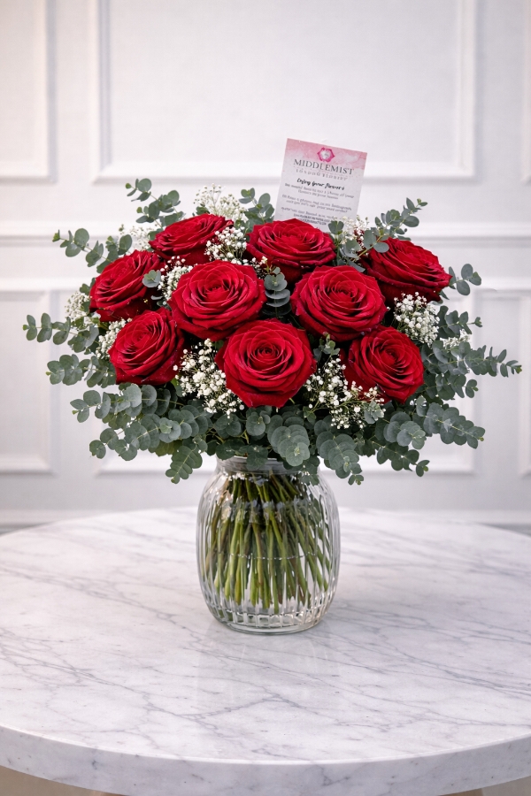 Timeless Romance – Dozen Red Roses Vase Arrangement