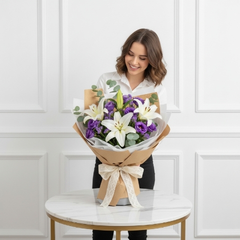 White Lilies & Purple Lisianthus