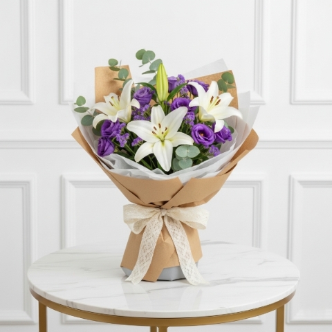White Lilies & Purple Lisianthus