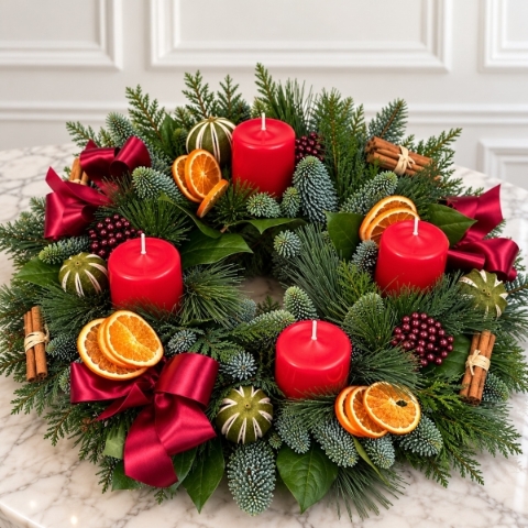 Fresh pine Advent table wreath with four red candles, dried orange slices, cinnamon sticks and red ribbon bows