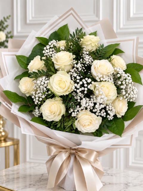 Dozen White Roses – Luxury Hand Tied Bouquet