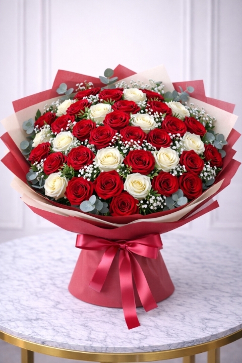 Forever Together – 50 Red & White Roses Luxury Bouquet