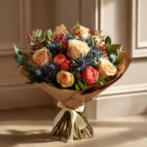 Peach Rose & Blue Thistle Hand Tied Bouquet