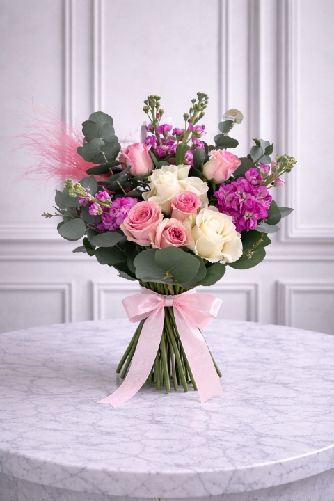 Pink Rose & Stock Gift Box Bouquet