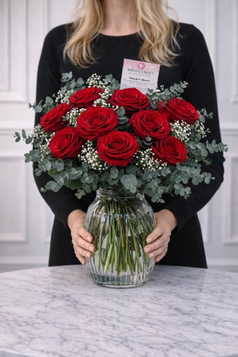 Timeless Romance – Dozen Red Roses Vase Arrangement